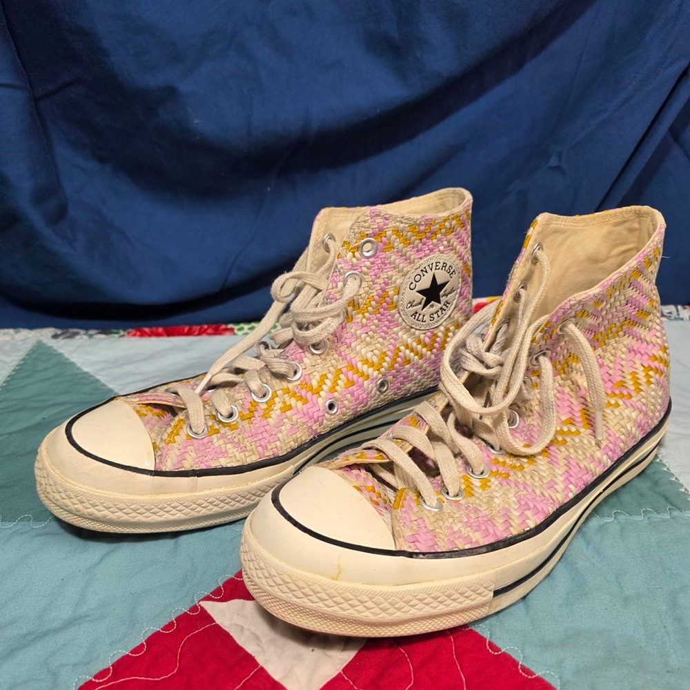 Converse Chuck 70 High Top Sneakers Womens 9 Mens 7 Pink Yellow Woven Chevron - Picture 2 of 10